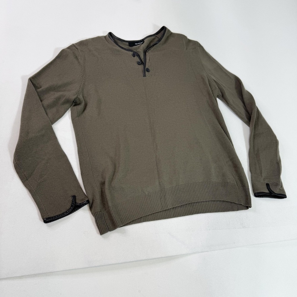 The Kooples Sweater Mens Large Olive Green Merino Wool Leather Trim Henley Knit